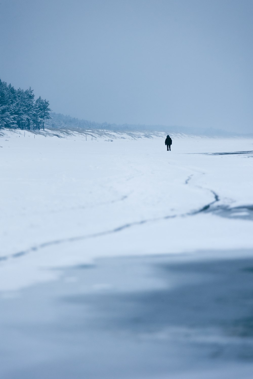 a person walking across a snow covered field