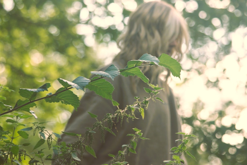 a person standing in a forest with leaves