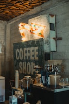 A vintage-style coffee shop interior with rustic decor.