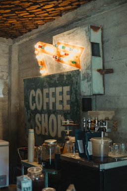 A vintage-style coffee shop interior with rustic decor.