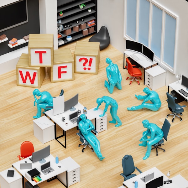 A frustrated team in the big open space office next to WTF wood cubesby Igor Omilaev