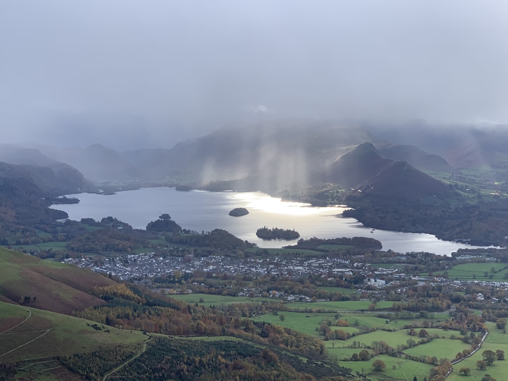 an aerial view of a lake surrounded by mountains