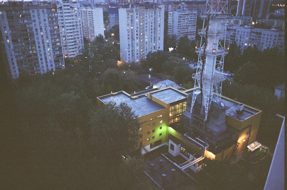 an aerial view of a city at night