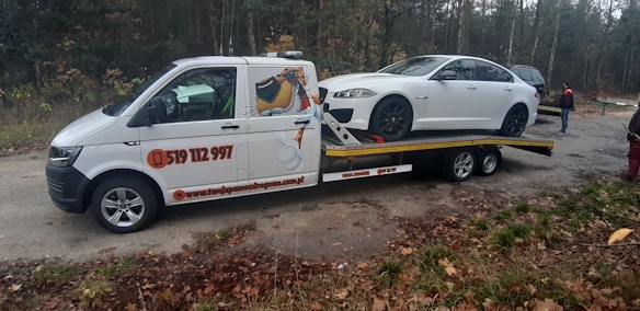 A tow truck parked on a forest road with a white car loaded on its flatbed. The tow truck features a cartoon dog graphic and contact information printed on its side. The surroundings are wooded with autumn foliage scattered on the ground. Two men are standing near the truck.
