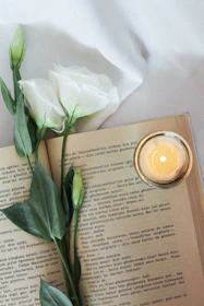 A serene image of an open ancient scripture beside a softly glowing candle.