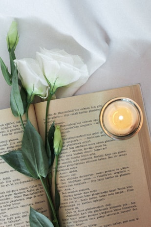 A close-up of an open book with ancient scripts and a soft candlelight illuminating the pages.
