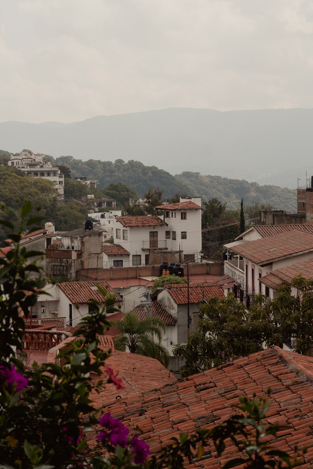 Una veduta di una città con una montagna sullo sfondo