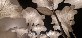 Large, elegant flower-shaped lamps made of translucent material are illuminated against a dark background. The design features organic curves and lines, resembling petals unfolding towards the sky. The lighting creates a soft, atmospheric glow that enhances the texture and structure of the lamps.