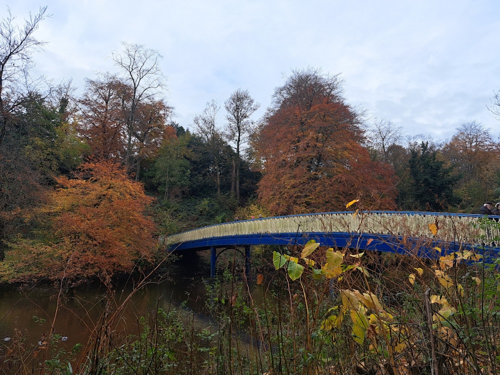 a blue bridge over a river surrounded by trees