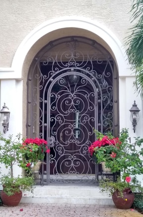 A decorative wrought iron security gate with intricate scrollwork stands in front of a wooden entry door. The archway above the gate complements the elegant design. Two wall-mounted lanterns flank the entrance, providing a classic touch. Bright red flowering plants in pots add a vibrant contrast to the neutral tones of the walls.