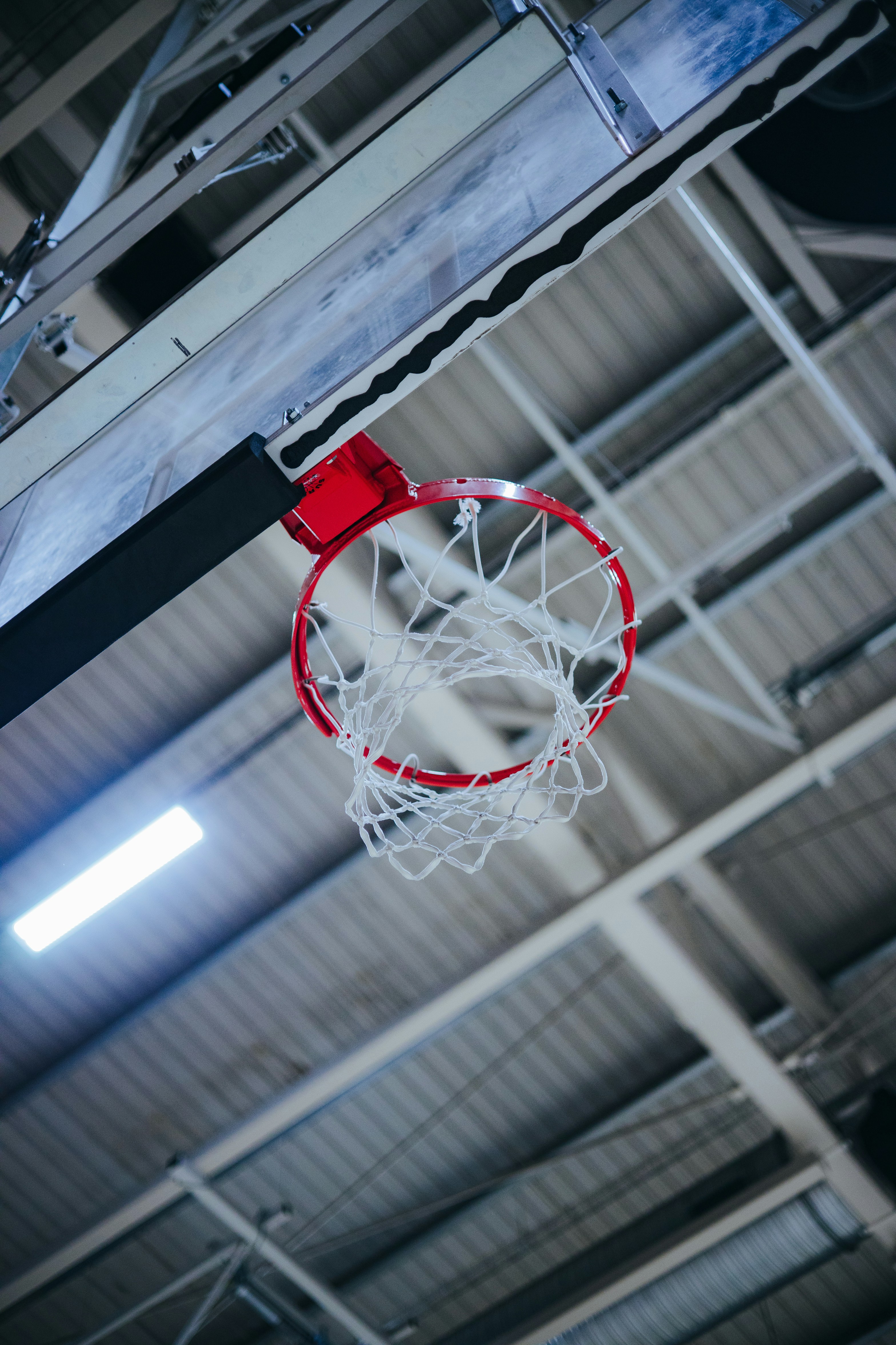 A basketball hoop hanging from the ceiling of a building photo Free
