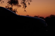 Sunset view over tropical landscape with a stylized Tropicar Express car silhouette.