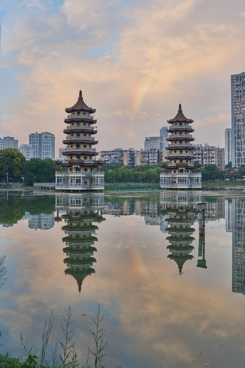 a large body of water surrounded by tall buildings