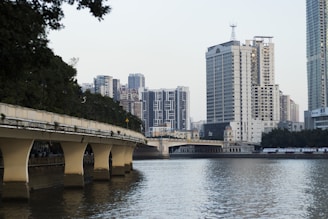 a bridge over a body of water with tall buildings in the background