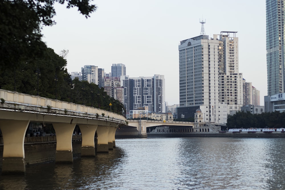 a bridge over a body of water with tall buildings in the background