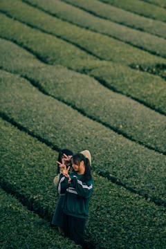 A smiling farmer family standing proudly in their lush green field, holding freshly harvested crops.