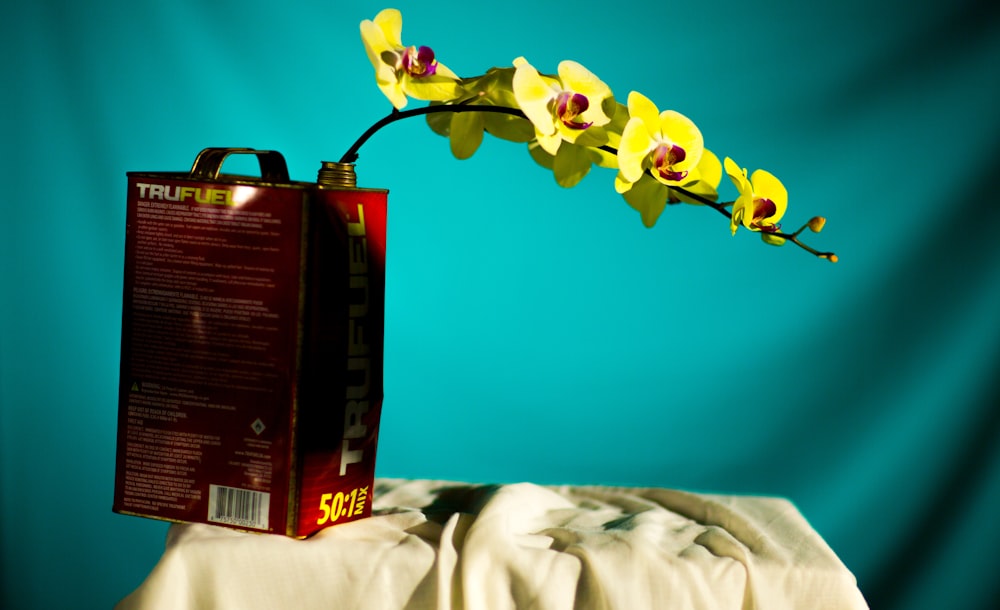 a yellow flower in a red box on a table