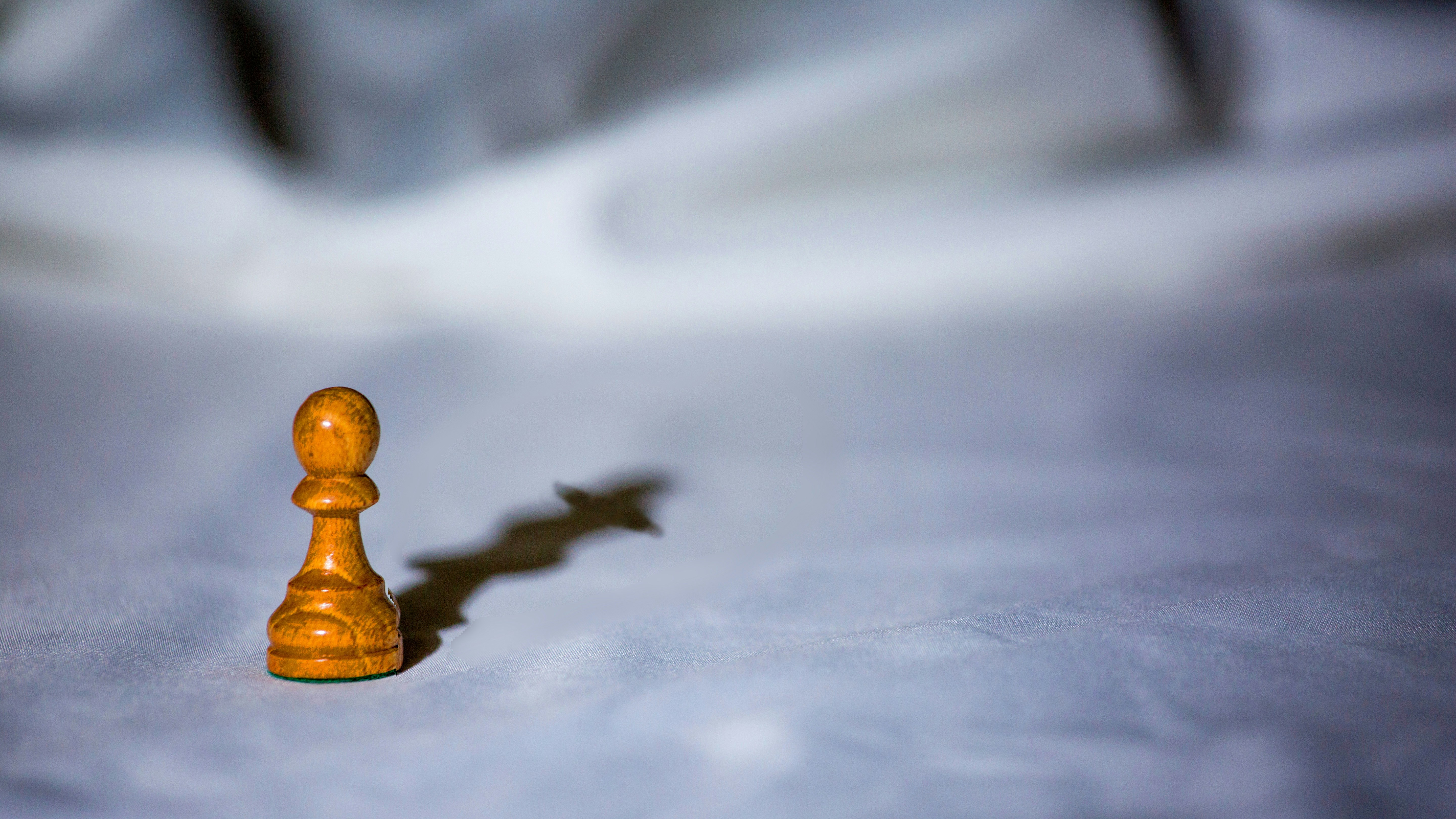 a wooden chess piece casting a shadow on a white surface