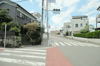 Cozy residential neighborhood street with modern houses and tree-lined sidewalks.