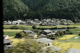 A small rural village nestled among lush green fields and forests. Traditional houses with sloped roofs are scattered throughout the landscape, with a backdrop of dense trees on a hillside.