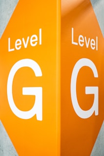 A bright orange sign with the text 'Level G' in large white letters. The sign is displayed on a corner wall, creating a symmetrical effect with the lettering visible on two sides.