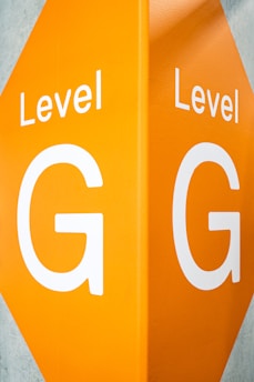 A bright orange sign with the text 'Level G' in large white letters. The sign is displayed on a corner wall, creating a symmetrical effect with the lettering visible on two sides.