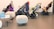 The image depicts a row of three strollers neatly arranged against a light-colored wall. The strollers are equipped with various accessories, such as jackets and toys. In the foreground, there are two modern, white, rounded chairs and a black, low table. Two signs with text are placed on the table.