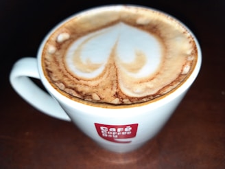A vibrant coffee cup with latte art on a cafe table.