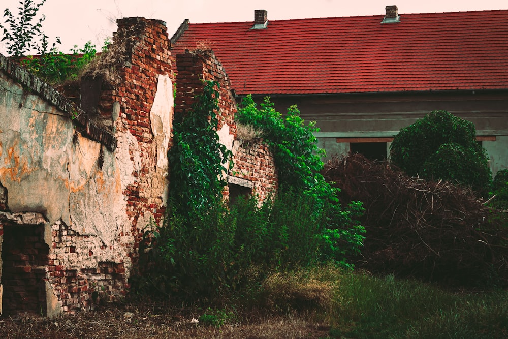 an old brick building with vines growing on it