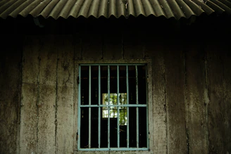 a window with bars on the side of a building