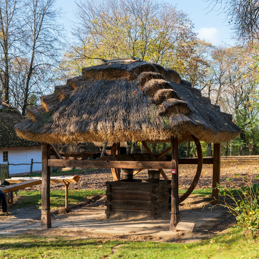 eine Hütte mit Strohdach in einem Park