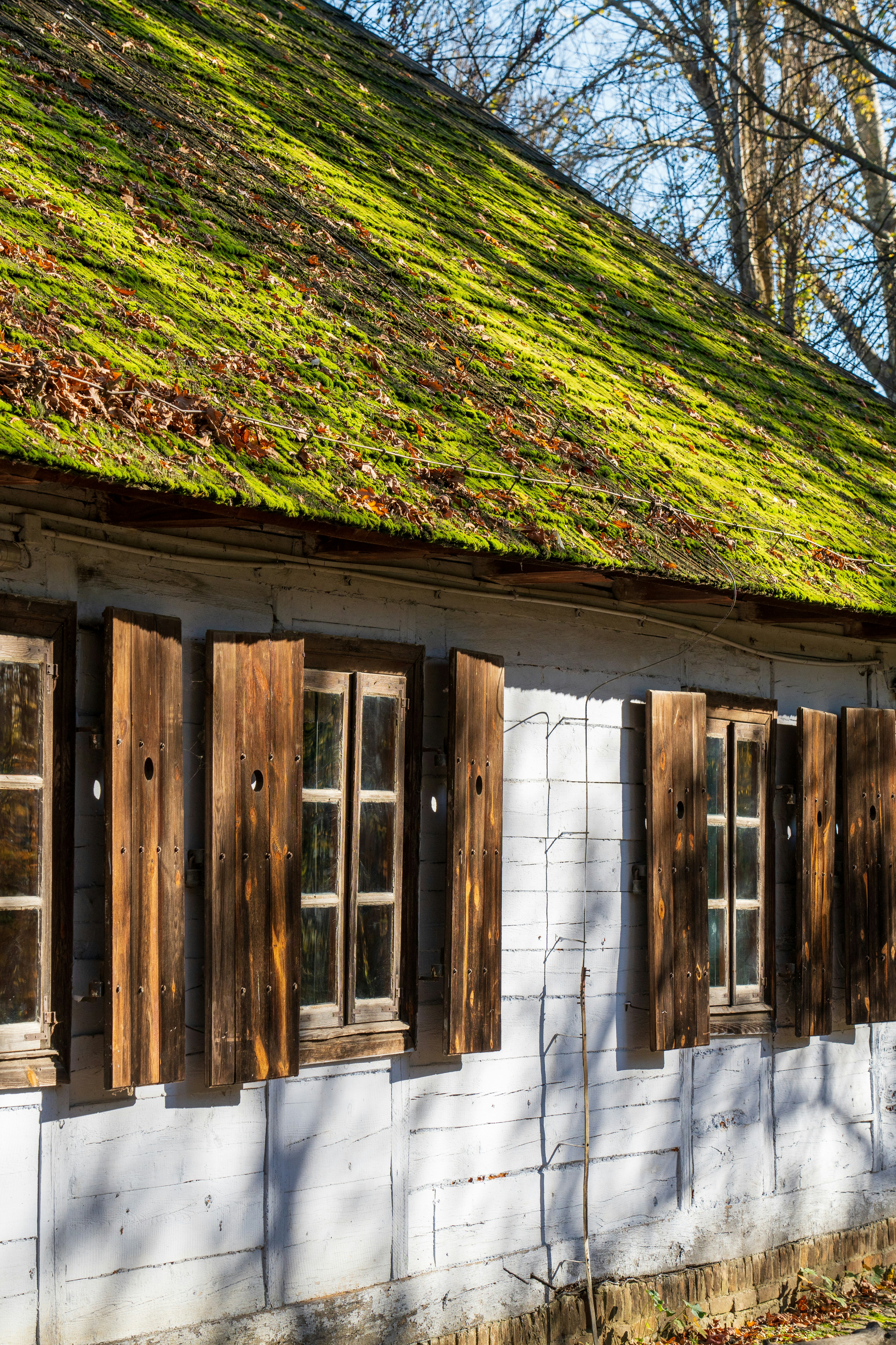 a white house with a green roof and wooden shutters