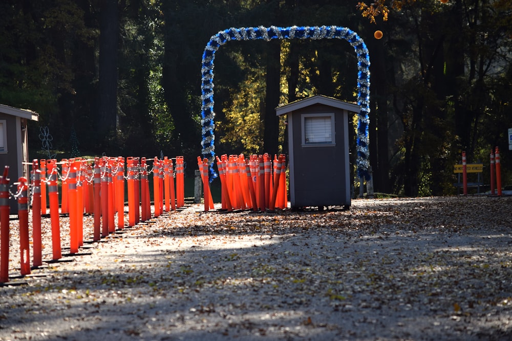 a row of orange and blue cones sitting next to each other