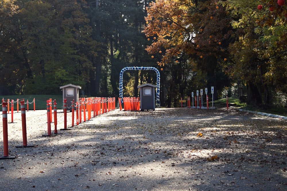 a row of orange and blue barriers in a park