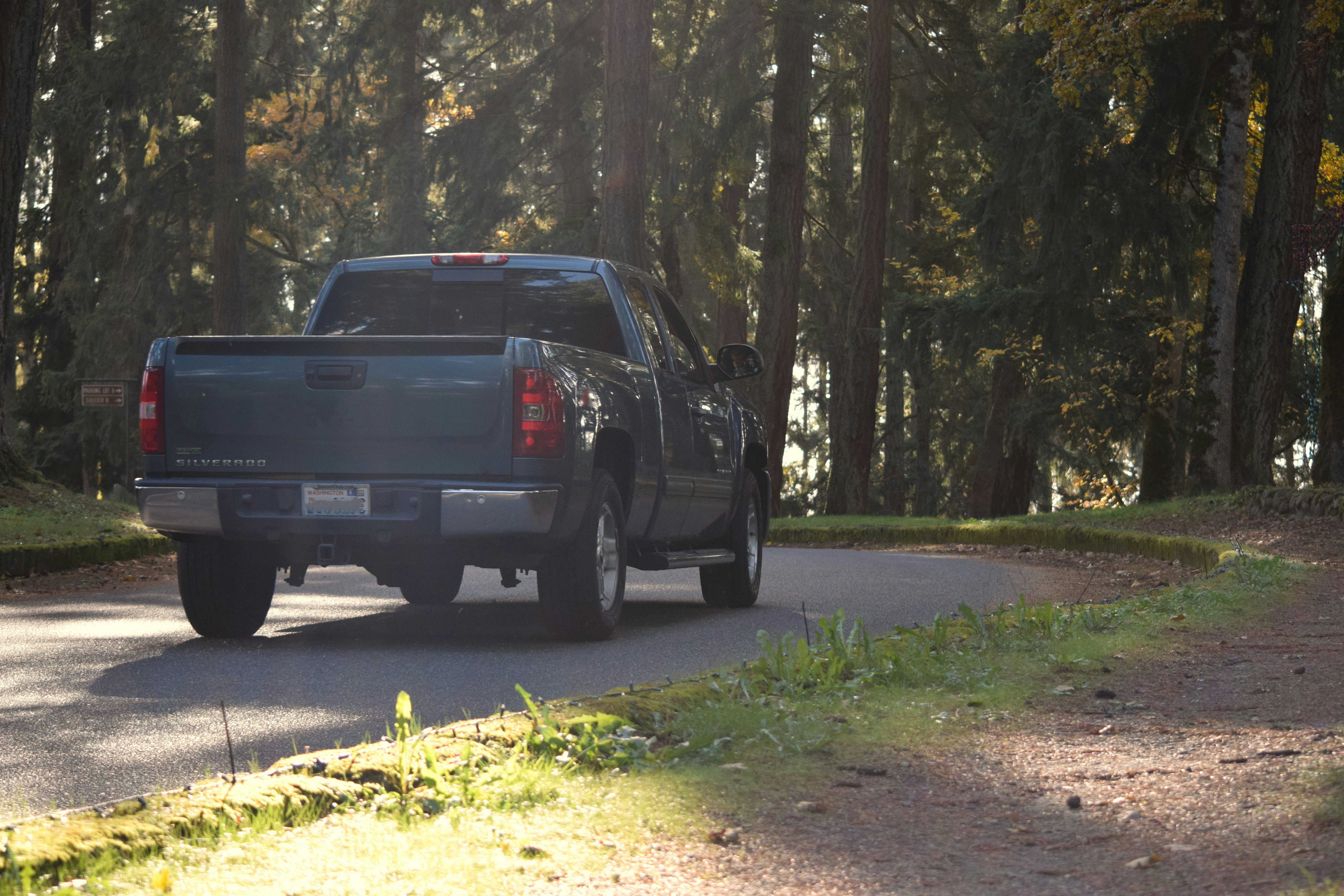 A truck is driving down the road in the woods photo – Free Spanaway ...