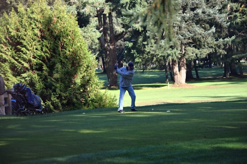 A golfer preparing to swing on a lush green course.
