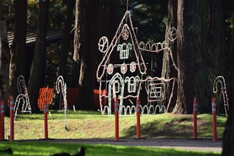 A large gingerbread house structure made of illuminated wire is displayed in a wooded park area. Candy cane decorations surround it, and orange safety barriers and poles are seen in the foreground. Sunlight filters through the trees, casting shadows on the grass.