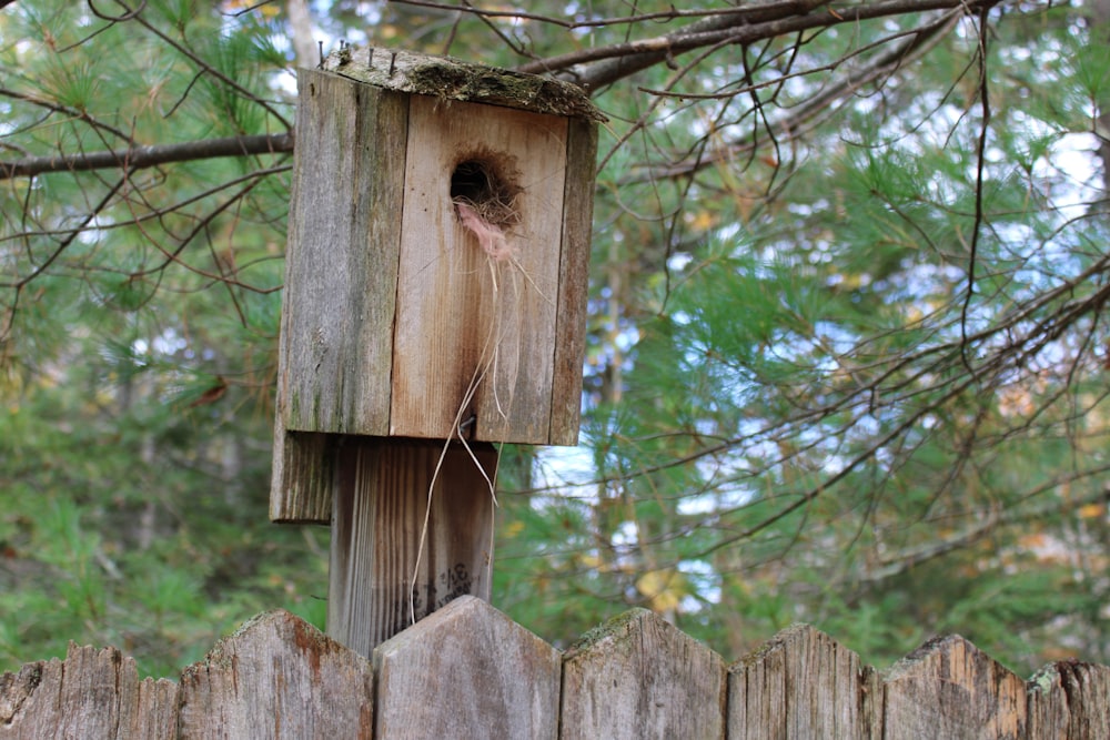 a bird house hanging on a wooden fence
