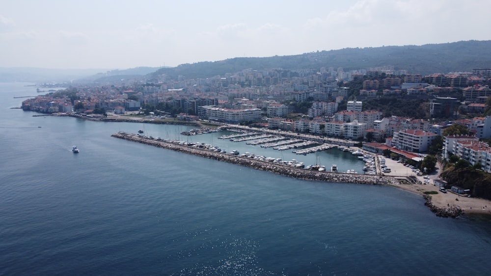 an aerial view of a city and a harbor