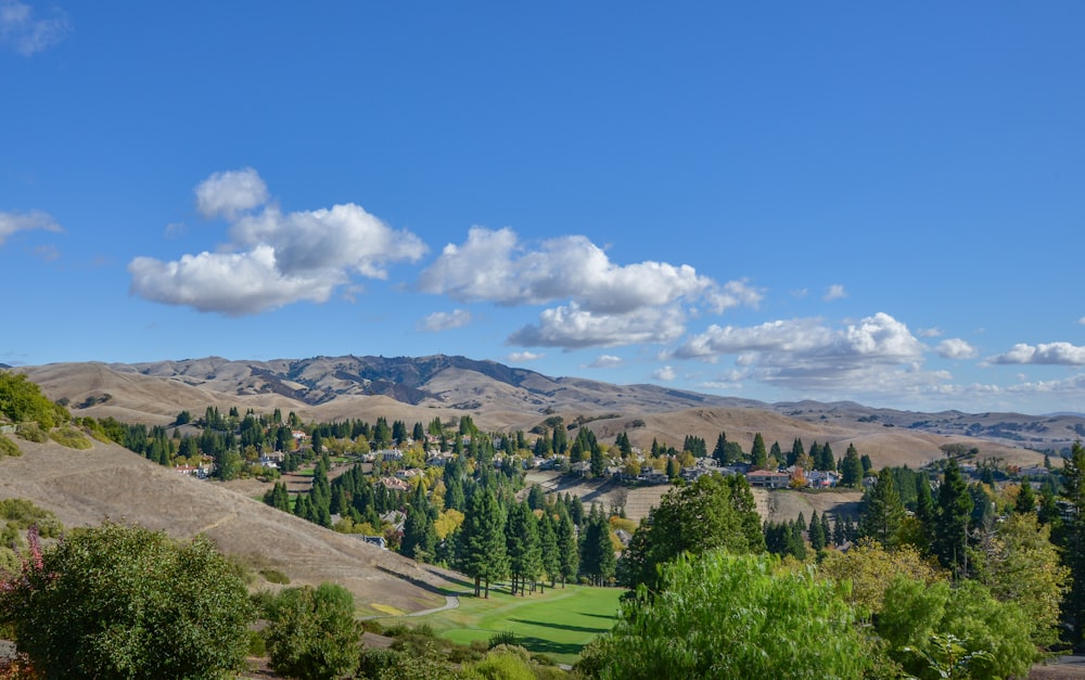 a scenic view of a valley and mountains