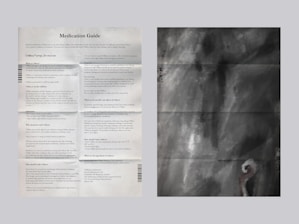 Two images are side by side. The left image is a text-heavy page titled 'Medication Guide' with sections on usage, precautions, and ingredients for UMBra syrup. The right image is abstract, featuring dark shades of gray and black with swirling patterns, resembling smoke or a cloudy atmosphere.
