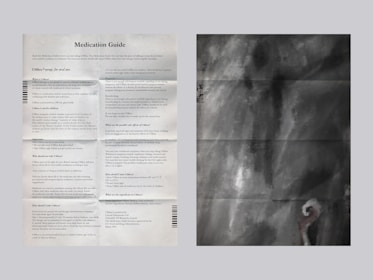 Two images are side by side. The left image is a text-heavy page titled 'Medication Guide' with sections on usage, precautions, and ingredients for UMBra syrup. The right image is abstract, featuring dark shades of gray and black with swirling patterns, resembling smoke or a cloudy atmosphere.