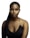 A woman with long braided hair styled in a ponytail wears a black spaghetti strap top against a plain white background. Her makeup is bold, featuring prominent eyeliner and strong contouring.