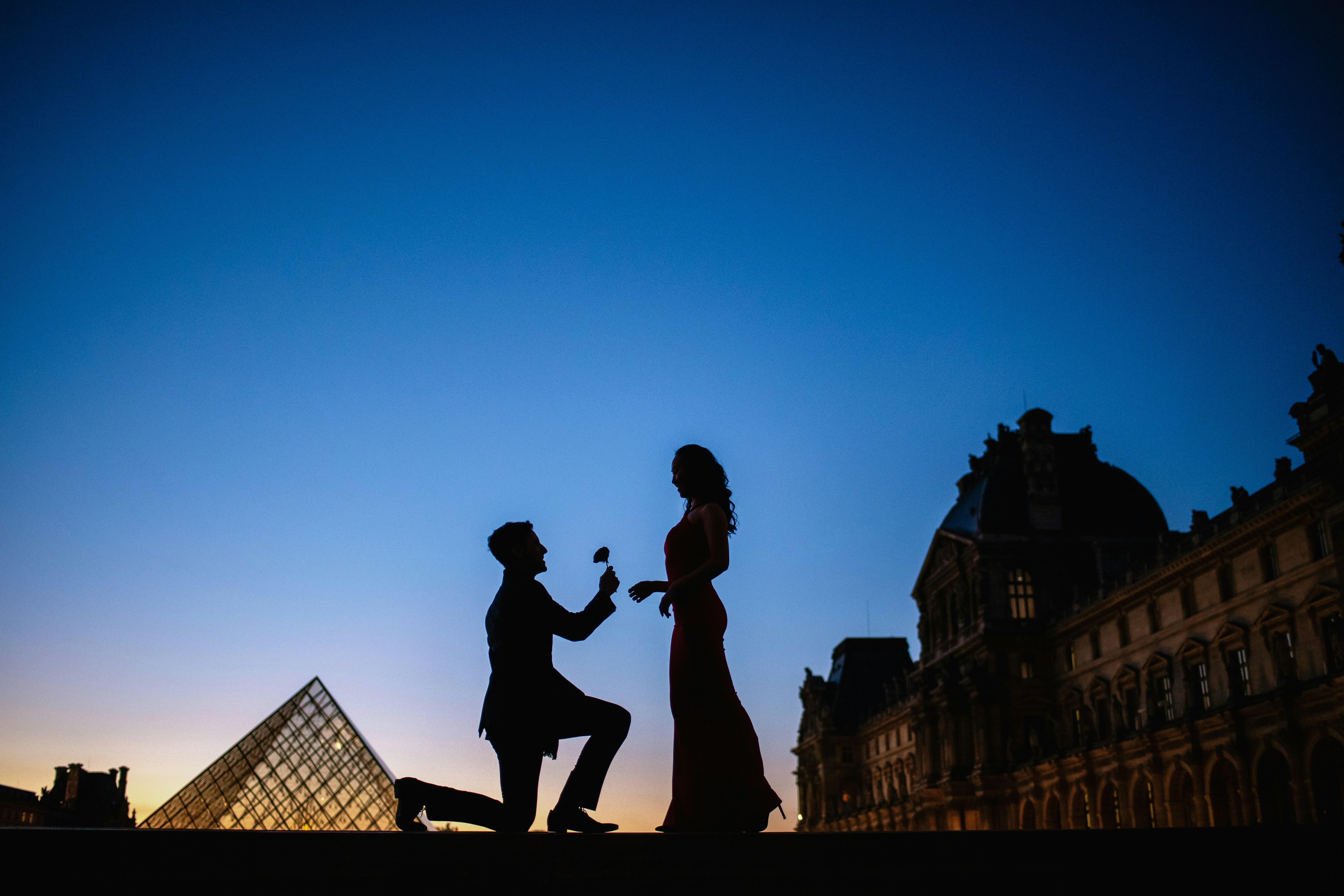 Man offering flower at Louvre