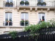 Close-up of classic Parisian architecture with wrought-iron balconies and flower pots.