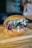 A delicious-looking sandwich with a sesame seed bun, filled with shredded meat, red onions, leafy greens, and drizzled with creamy and dark sauces. The sandwich is placed on a wooden surface, likely a cutting board.