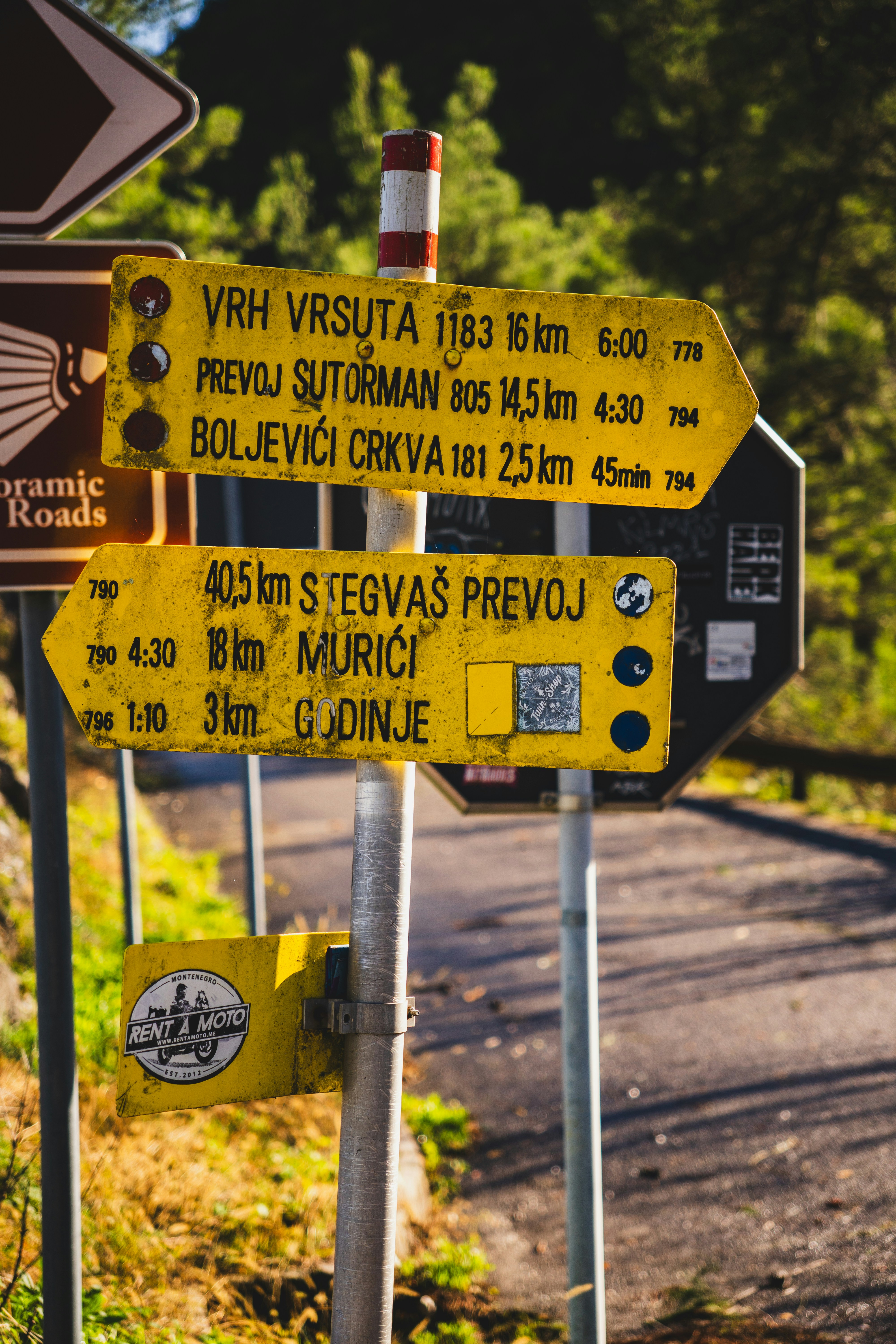 a yellow street sign sitting on the side of a road