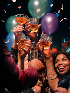 a group of people holding up glasses of wine