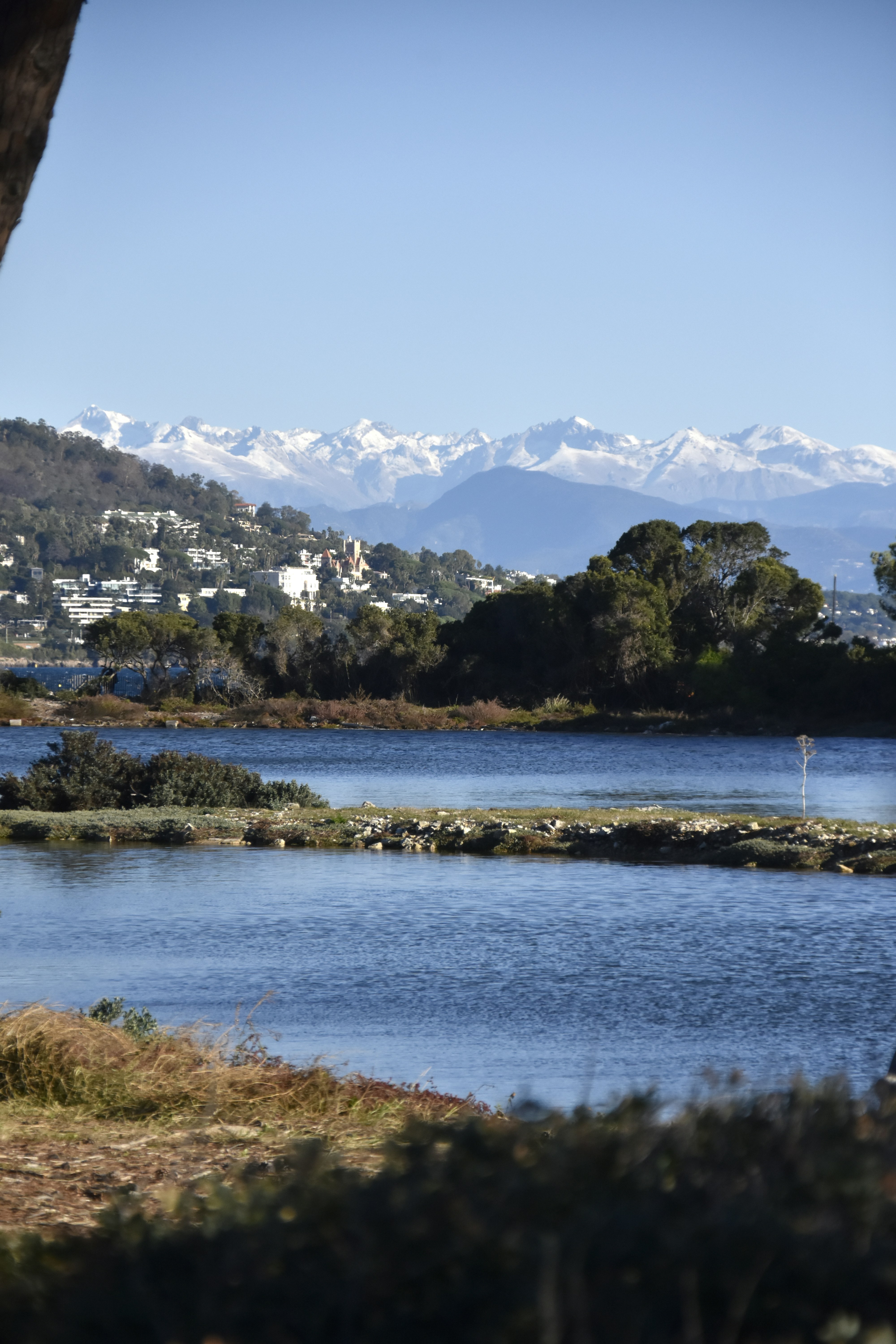 a body of water with mountains in the background