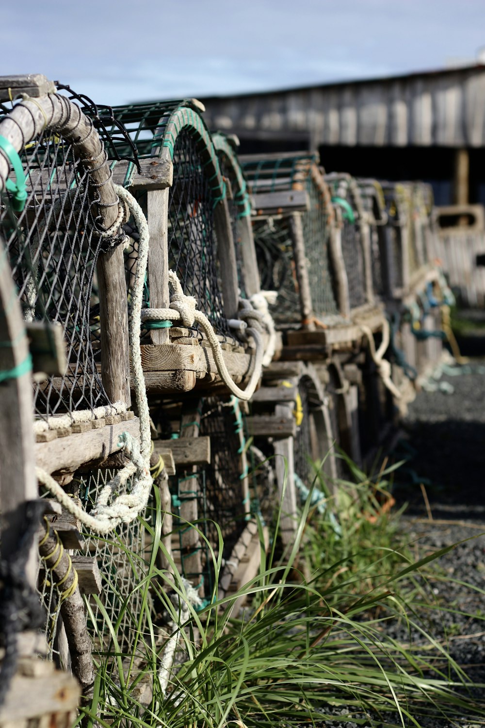 a row of lobster cages sitting next to each other
